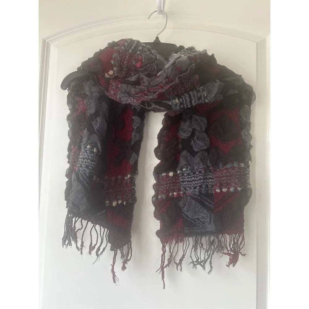 Burgundy Grey Black Geometric Textured Knit Fringe Scarf Oversized Winter Wrap